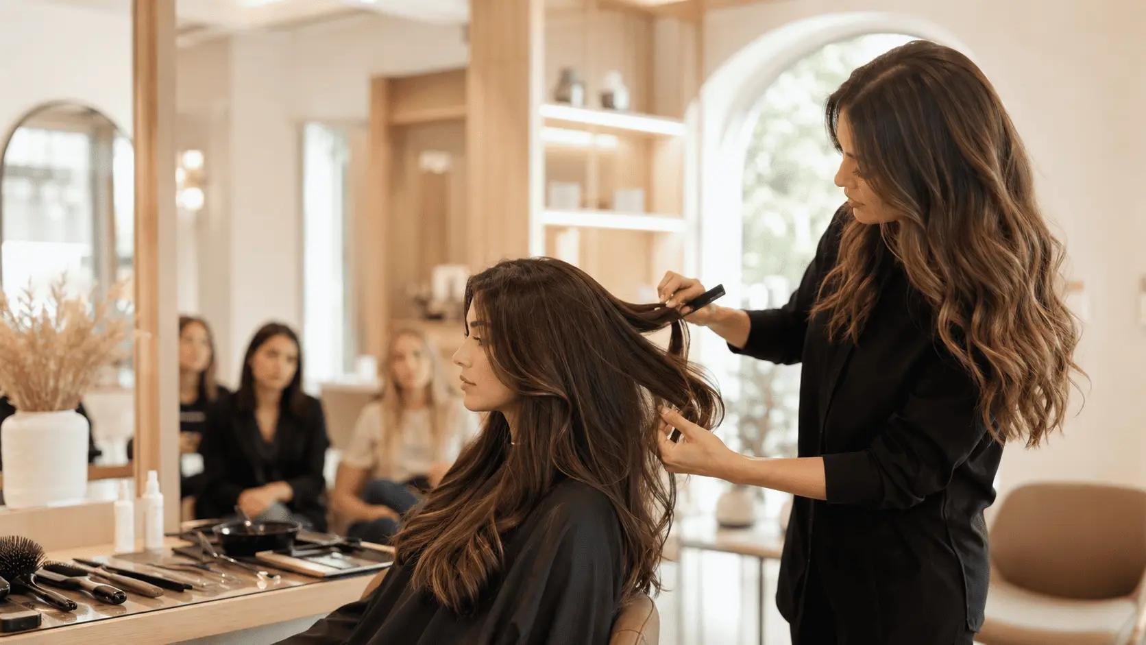 Deux femmes dans un salon de beauté: une coiffeuse trie et coiffe longuement les cheveux d’une cliente assise, ambiance professionnelle et chaleureuse.