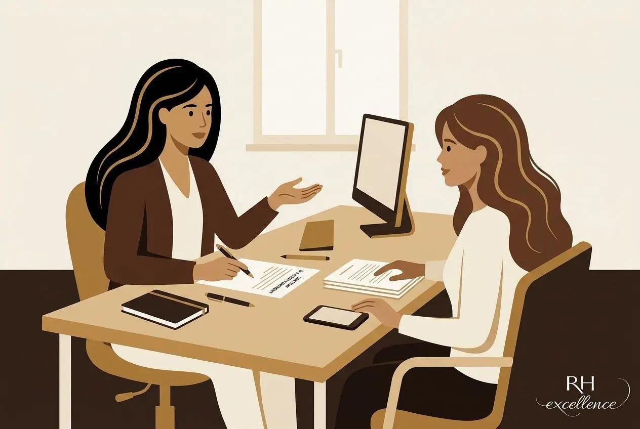 Deux professionnelles en réunion: une femme explique des documents pendant qu’une autre saisit des papiers, autour d’un bureau avec ordinateur et téléphones. formation extension cheveux dans le contexte de financement.