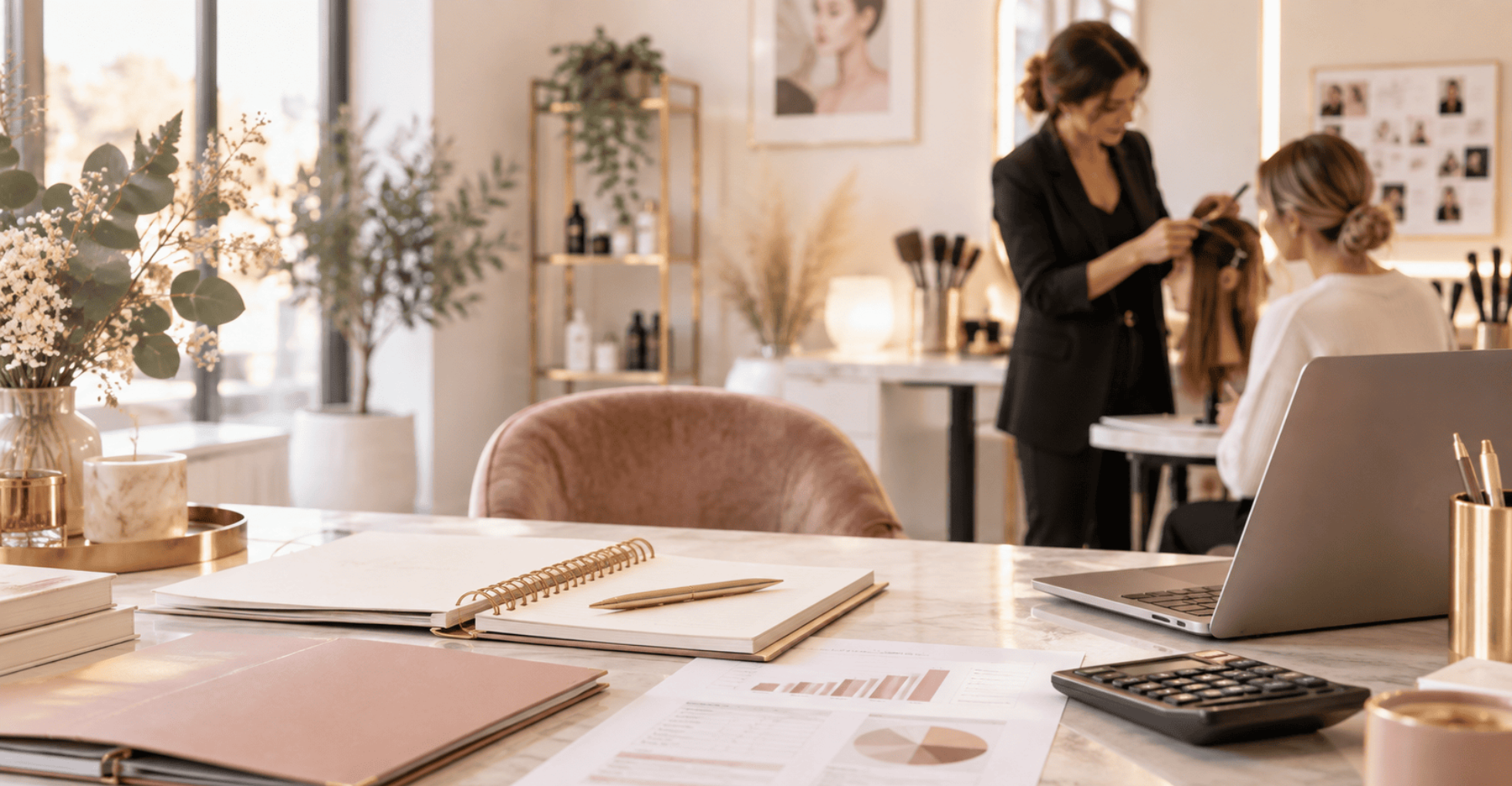 Espace élégant de salon beauté avec une coiffeuse en arrière-plan et une cliente; bureau lumineux, carnet, stylo, ordinateur portable et matériel de travail.