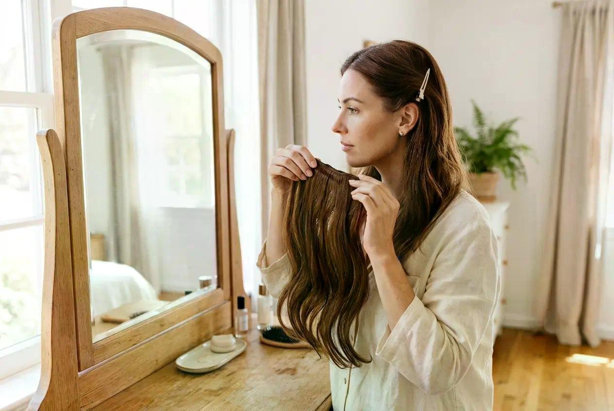 Femme devant un miroir tenant des extensions de cheveux brunes, prête à les poser ou vérifier leur longueur.