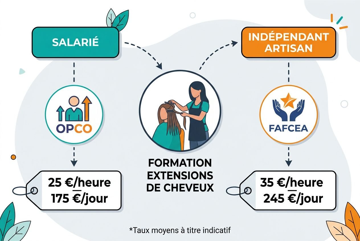 Formation extensions de cheveux montrant coûts selon statut salarié ou indépendant artisan, avec mentions 25 €/heure et 175 €/jour ou 35 €/heure et 245 €/jour. intégration des certifications extensions de cheveux.