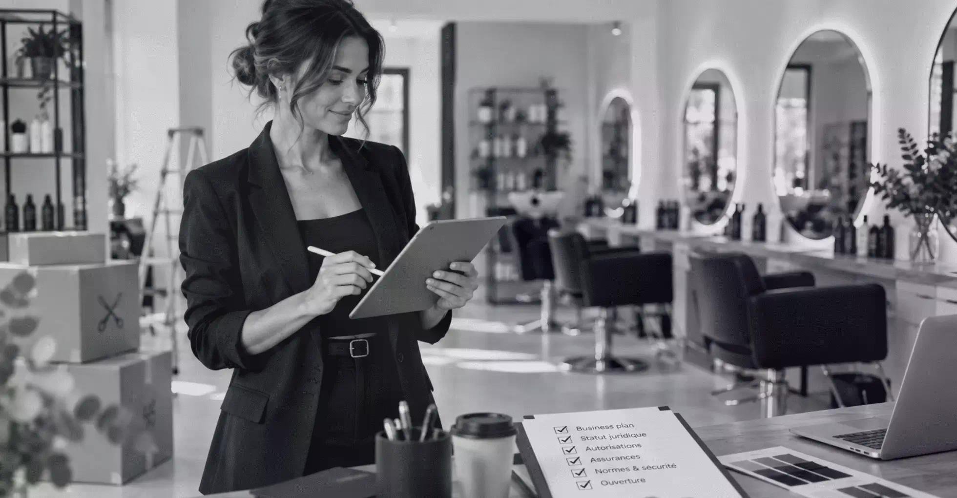 Gestionnaire en salon de beauté note des éléments sur une tablette dans un espace moderne et lumineux, avec miroir et postes de travail.