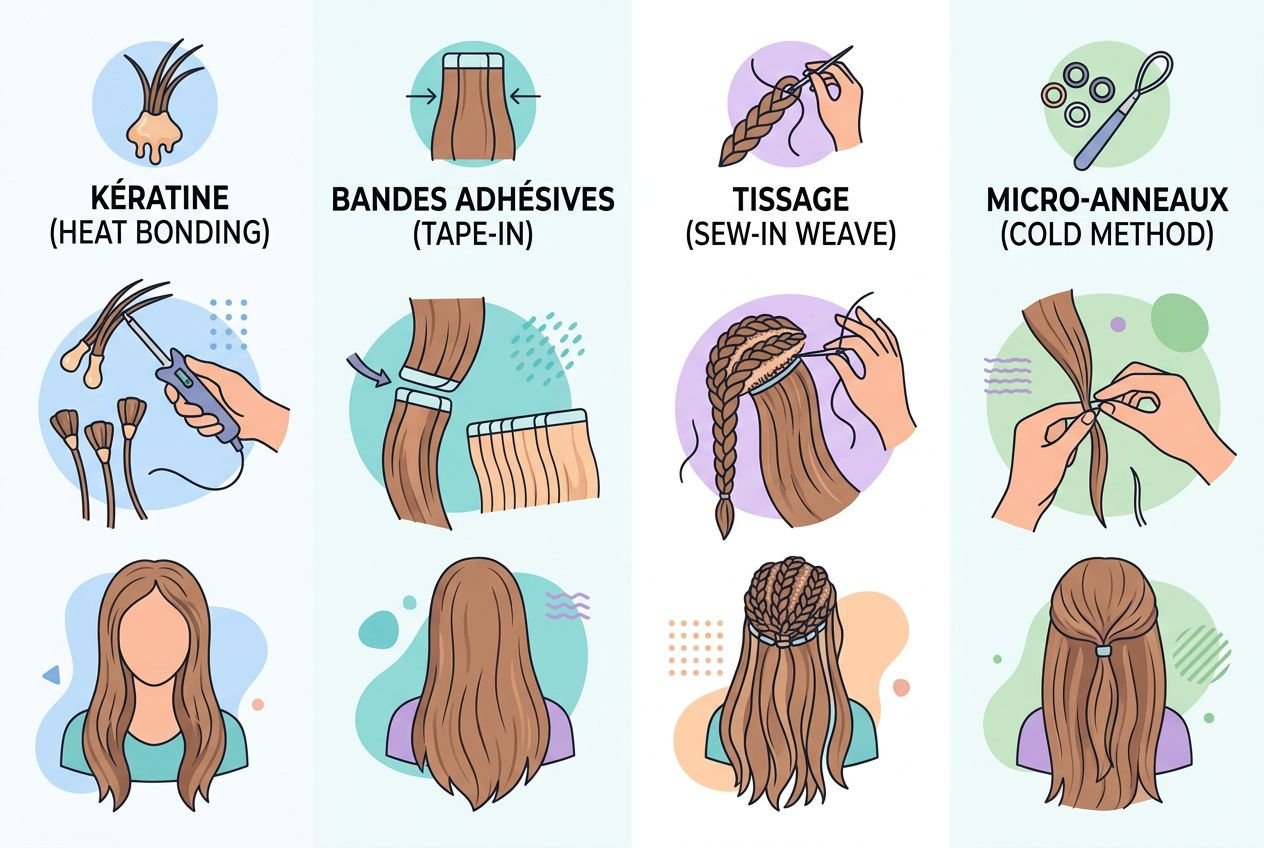 Illustration sur les méthodes d’extension de cheveux : kératine, bandes adhésives, tissage, micro-anneaux, avec démonstrations et visages femelles.