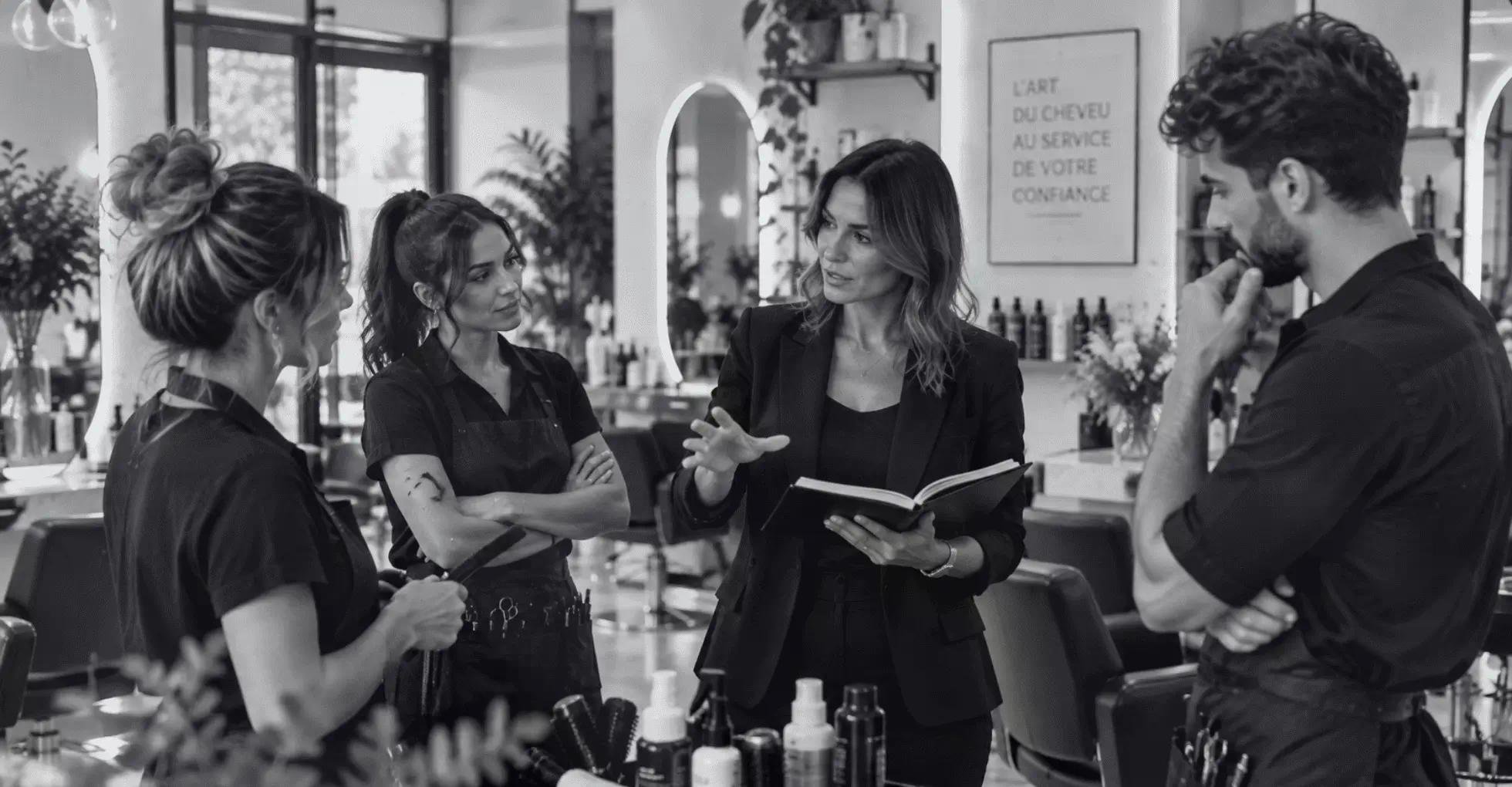 Réunion professionnelle en salon: une femme en blazer explique quelque chose à trois coéquipières autour d’une table, avec des produits capillaires à portée.