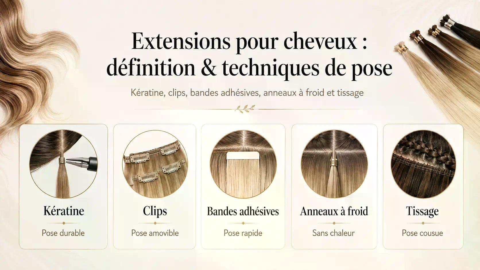 Schéma comparatif des techniques d’extensions capillaires : kératine, clips, bandes adhésives, anneaux à froid et tissage Schéma comparatif des techniques d’extensions capillaires : kératine, clips, bandes adhésives, anneaux à froid et tissage