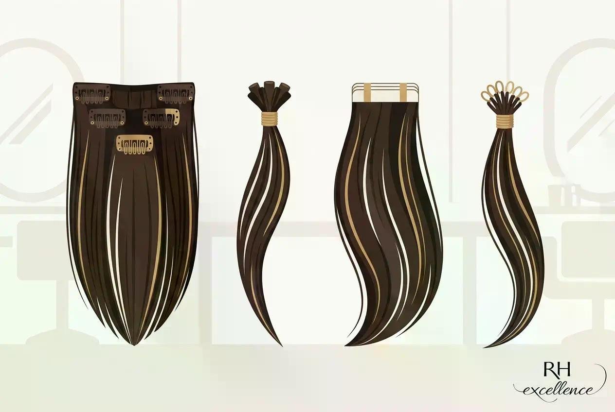 Trois lots d’extensions de cheveux bruns, de longueurs variées, prêtes à être posées dans un salon RH excellence. Dans le cadre d’un guide « comment poser des extensions de cheveux ».